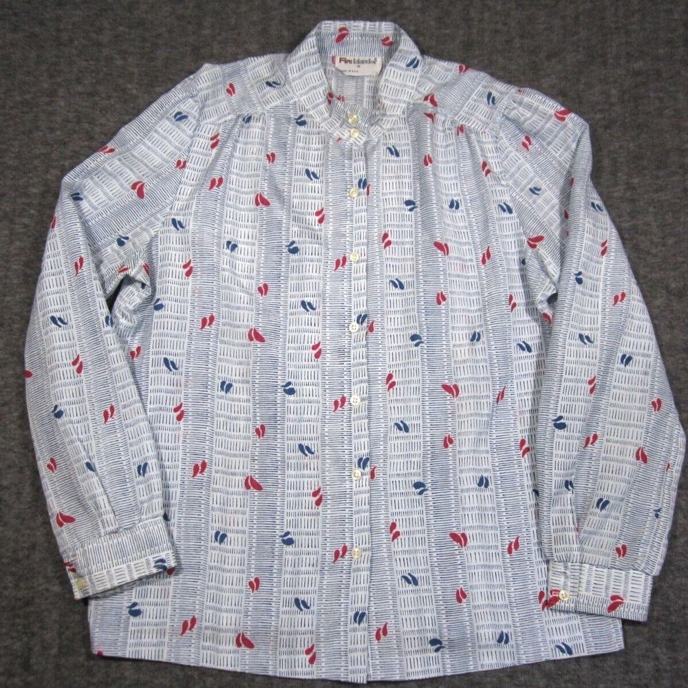 Vtg Fire Islander Blouse Top Women 18 USA All Over Print Mock Neck Button Up 70s